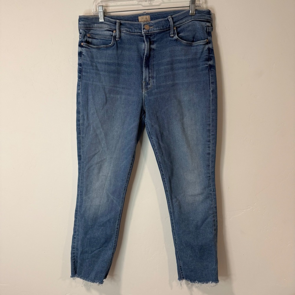 Mother Womens The Mid Rise Dazzler Ankle Fray Jeans 34 Blue Stretch